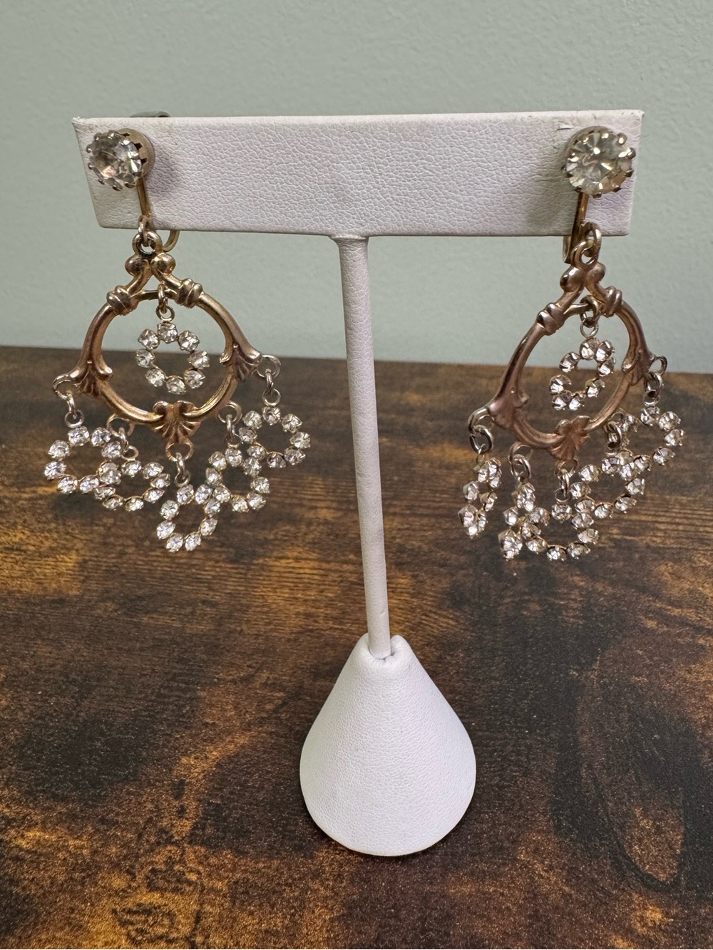 Vintage Gold and Clear Crystal Drop Clip-On Earrings - Floral Chandelier